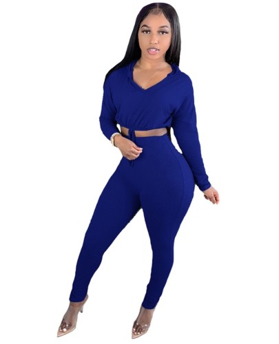 Fashion Pure Solid Fitted Hooded Crop Top and High Waist Pants Set