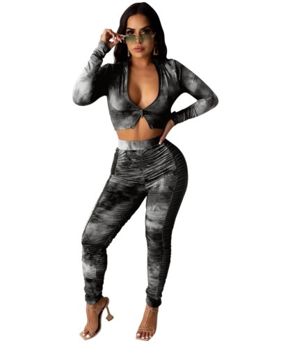Fashion Sexy Tie Dye Zipper Crop Top and Ruched Pants Set