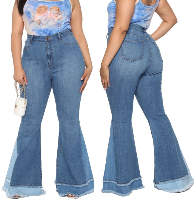 Plus Size High Waist Contrast Bell Bottom Jeans