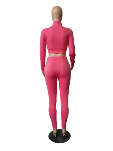 Fashion Pure Solid Fitted Zipper Crop Top and Pants Set