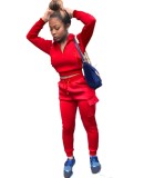 Solid Color Crop Top and High Waist Sweat Pants Set