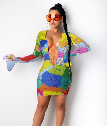 Sexy Map Print Slit Cuff Lace Up Slinky Dress