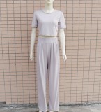 Casual Solid Color Crop Top and Wide Leg Pants Set