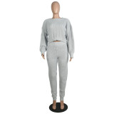 Plain Color Casual Sweater Top and Pants Two Piece Set