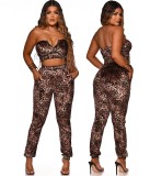 Leopard Strapless Crop Top and Pants Two Piece Outfits