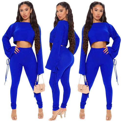 Pure Solid Crop Top and Pants Two Piece Outfits
