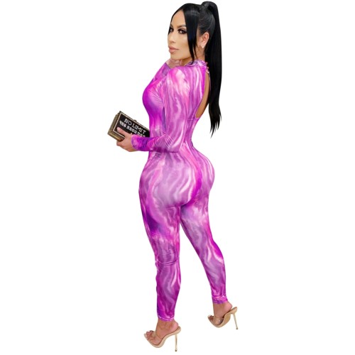 Lace Up Tie Dye Sexy Hollow Out Bodycon Jumpsuit