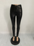 Black PU Leather Lace Up Tight Pants