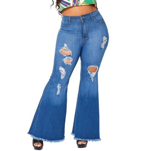 Plus Size High Waist Ripped Bell Bottom Jeans