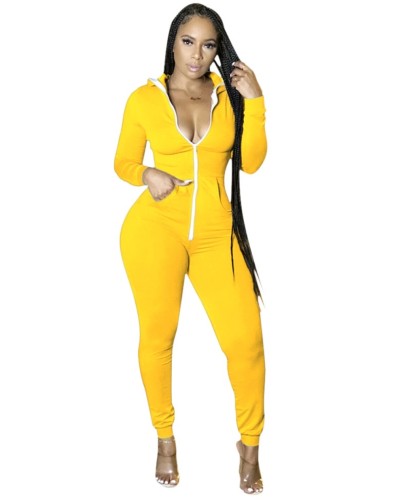 Solid Pure Sports Hooded Jumpsuit