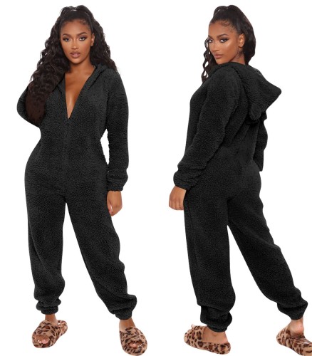 Winter Black Warm Fleece Jumpsuit Pajama Loungewear