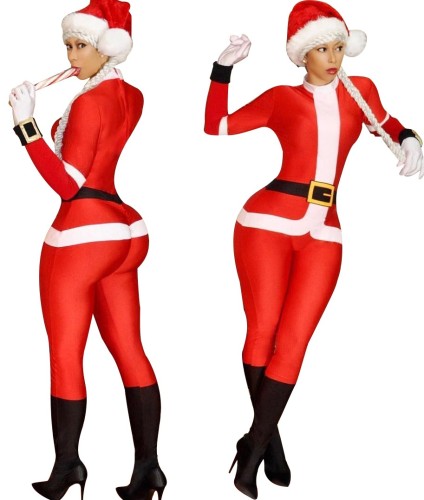 Christmas Santa Jumpsuit and Hat Set for Women  in Hot Pink