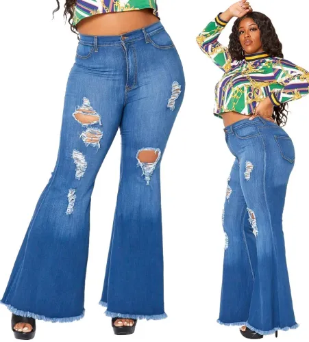Plus Size High Waist Ripped Bell Bottom Jeans