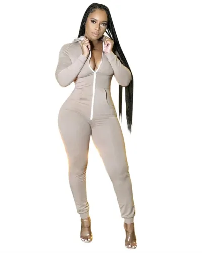 Solid Pure Sports Hooded Jumpsuit