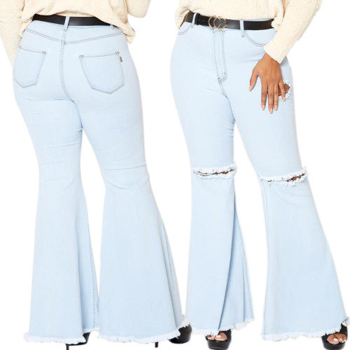 Plus Size High Waist Ripped Bell Bottom Jeans