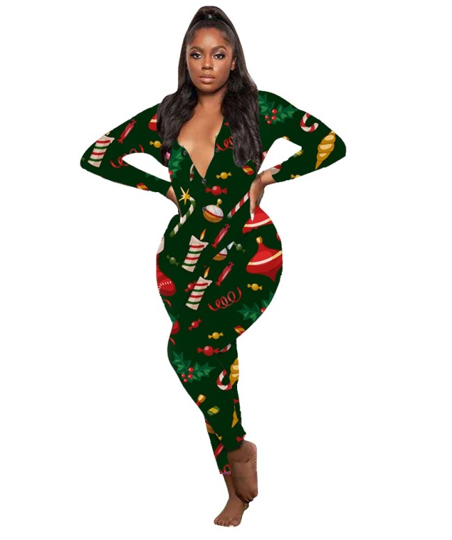 Christmas Print V-neck Onesie Pajama for Women