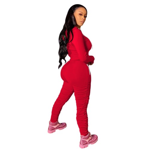 Pure Color Casual Hooded Sweatshirt and Ruched Sweatpants Set