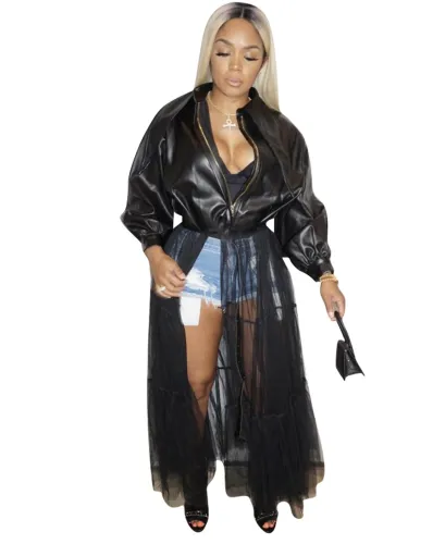 Black PU Leather and Mesh Patchwork Top Dress