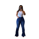 Plus Size High Waist Slit Bottom Blue Flare Jeans