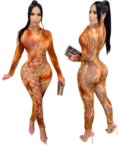 Lace Up Tie Dye Sexy Hollow Out Bodycon Jumpsuit
