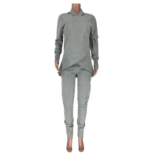 Pure Color Wrap Hoodie & Pants Leisure Two Piece Set