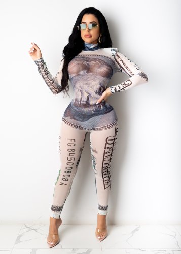 Dollars Print Sexy See Through Bodycon Jumpsuit