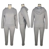 Warm Plain Color Plush Hooded Two Piece Pants Set