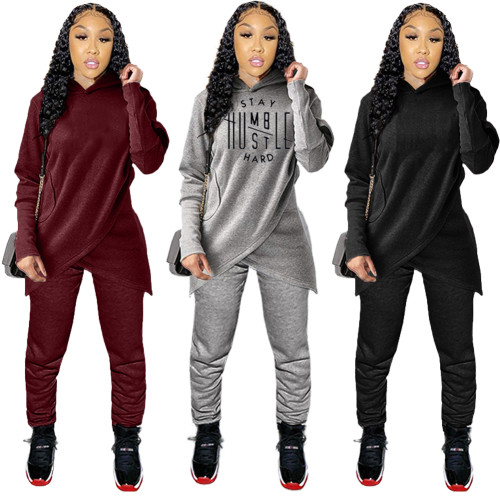 Pure Color Wrap Hoodie & Pants Leisure Two Piece Set