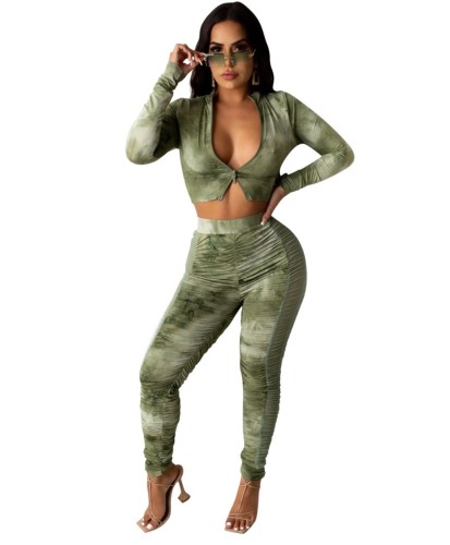 Fashion Sexy Tie Dye Zipper Crop Top and Ruched Pants Set