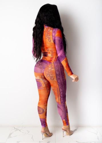Dollars Print Sexy See Through Bodycon Jumpsuit