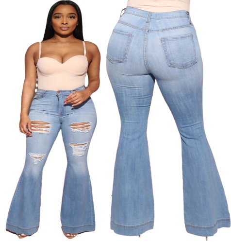 Plus Size High Waist Ripped Bell Bottom Jeans