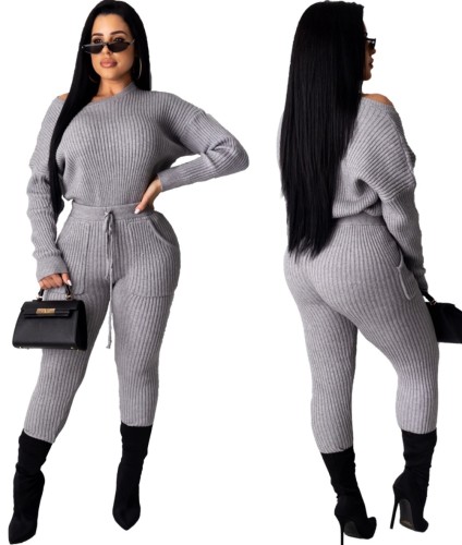 Casual Solid Ribbed Top and Pocketed Pants Set