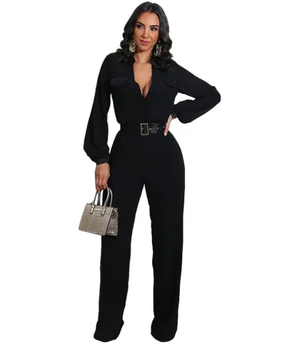 Office Pure Color Button Up Jumpsuit(without Belt)