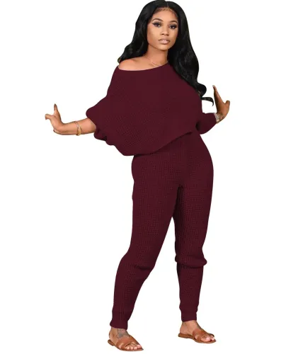 Plain Color Casual Sweater Top and Pants Two Piece Set