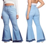 Plus Size High Waist Contrast Bell Bottom Jeans