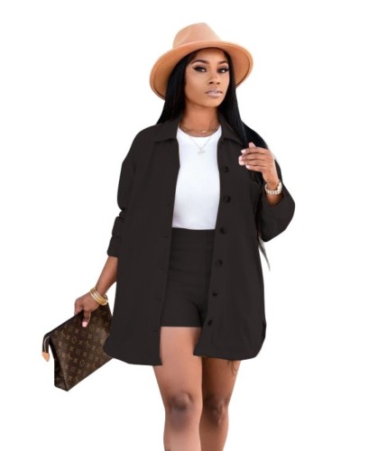 Casual Solid Pure Button Blouse and Shorts Set