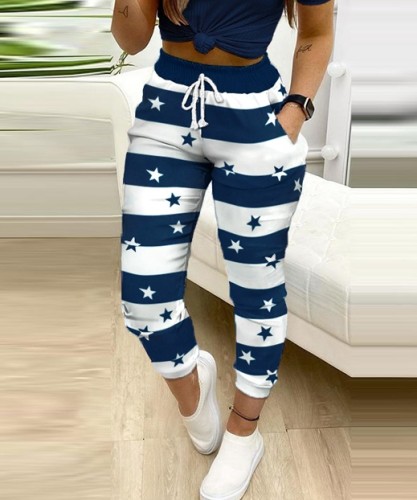 Casual Elastic Waist Print Striped Pants