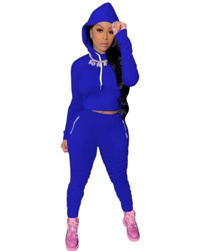Pure Color Casual Hooded Sweatshirt and Ruched Sweatpants Set