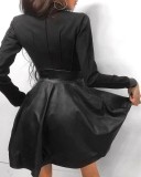 Elegant PU Leather Black Zipper A-Line Skater Dress