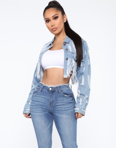 Light Blue Ripped Fringe Cropped Denim Jacket