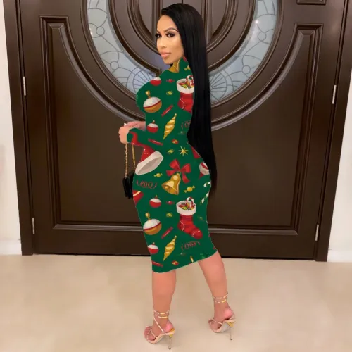 Christmas Print Zip Up Bodycon Midi Dress