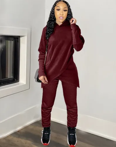 Pure Color Wrap Hoodie & Pants Leisure Two Piece Set