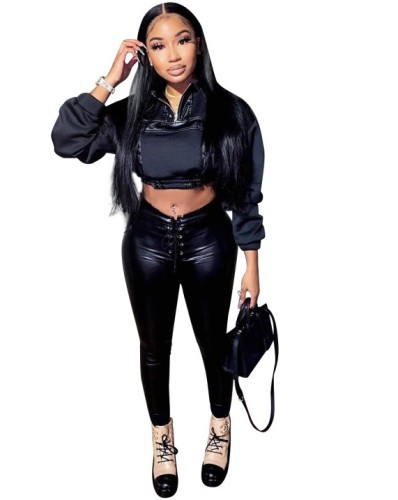 Black PU Leather Crop Top and Lace Up Pants Two Piec Set