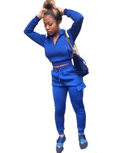 Solid Color Crop Top and High Waist Sweat Pants Set