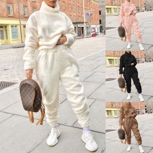 Winter Warm Solid Fleece Top and Pants Two Piece Set
