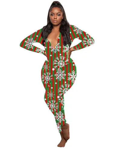 Christmas Print V-neck Onesie Pajama for Women