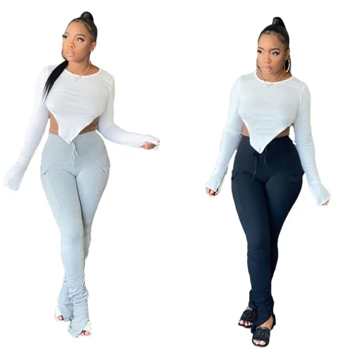 Plain High Waist Slit Bottom Stack Pants