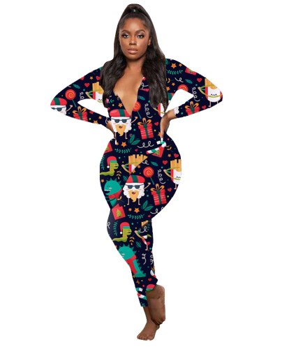 Christmas Print V-neck Onesie Pajama for Women