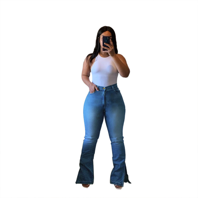 Plus Size High Waist Slit Bottom Light Blue Flare Jeans