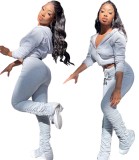 Trendy Pure Color Crop Top & Stack Pants Hooded Sweatsuit